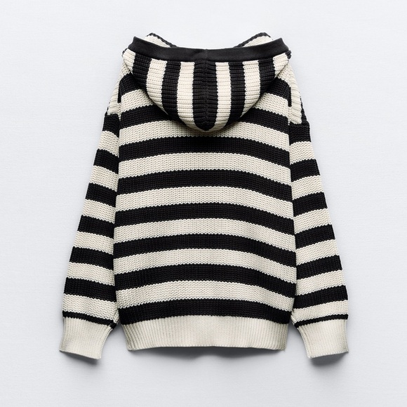 ZARA Hooded Knit Sweater Striped Cotton Long Sleeve Front Pockets Preppy Coastal - Picture 2 of 7
